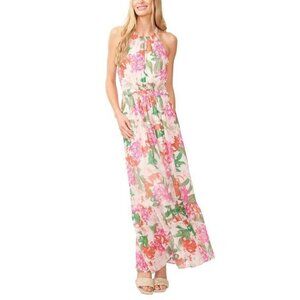 NWT CeCe Womens Ivory Georgette Floral Print Halter Maxi Dress Gown- Sz 18W